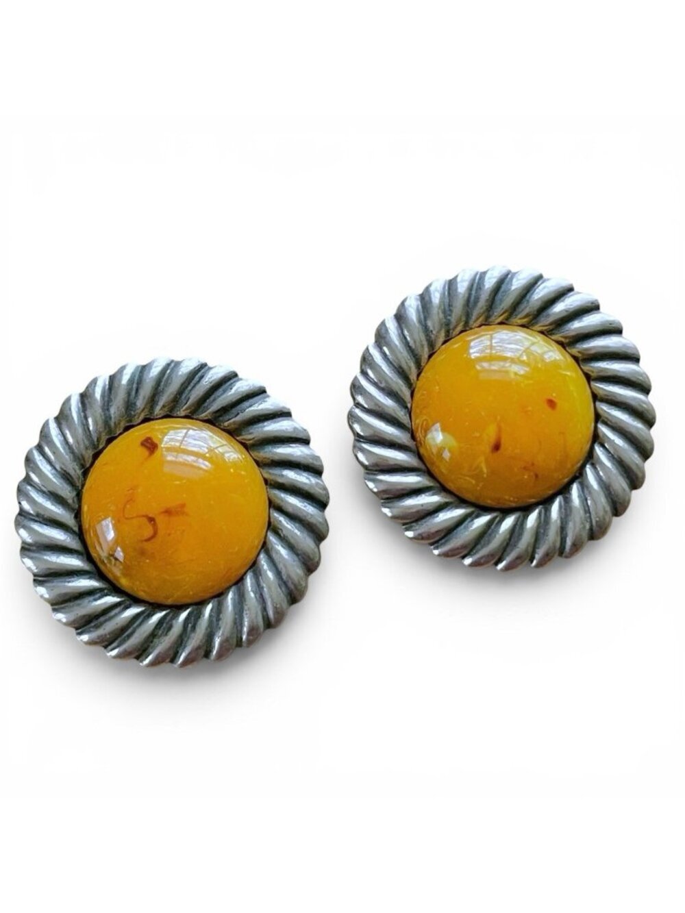 Vintage 1980s Earrings Egg Yolk Swirl Acrylic Plastic Fantastic Chunky Clip On